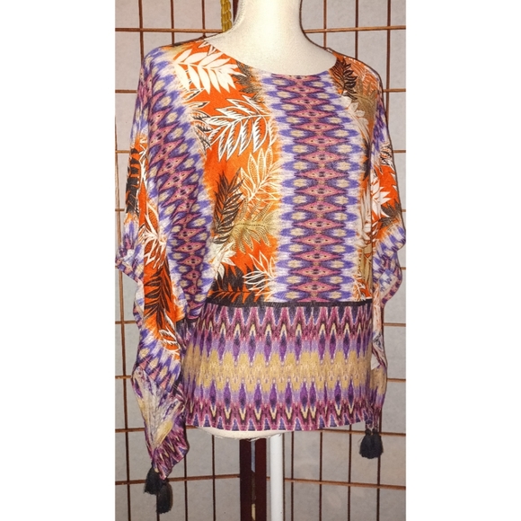 Ruby Rd. Eastern Promise Round Neck Ikat Leaves Top in color: Tngrnmu - Picture 6 of 16